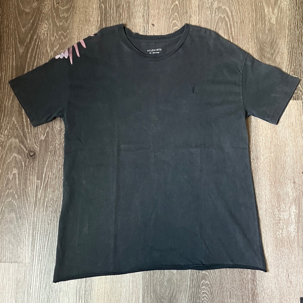 AllSaints Black Short Sleeve Tee with Pink Shoulder Accent